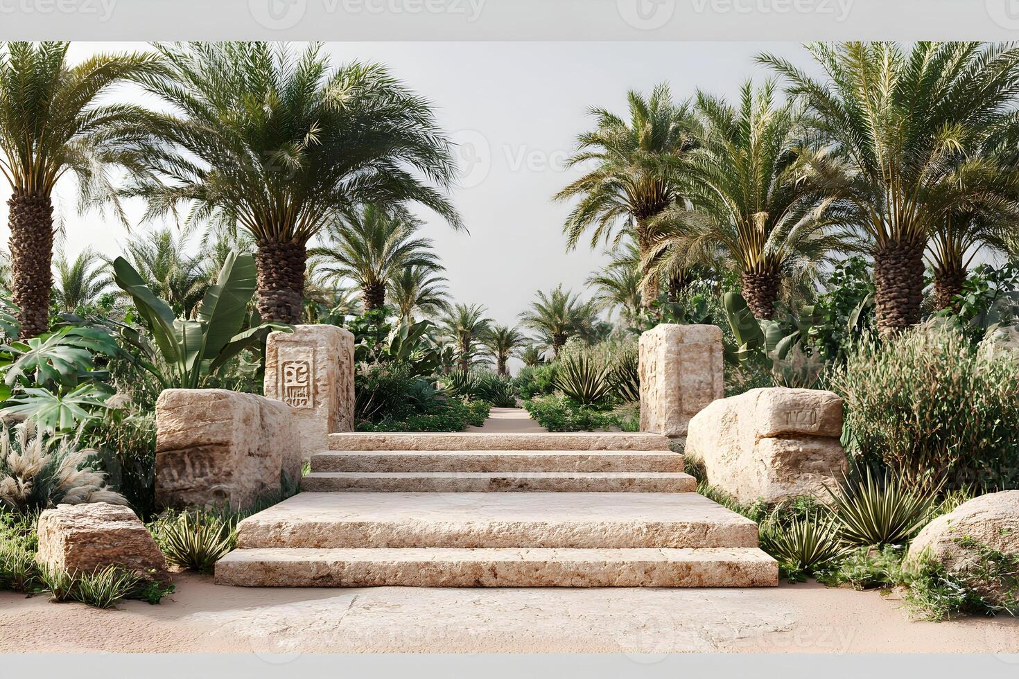 Ancient Stone Path with Carvings Leading Through a Lush Oasis Landscape photo