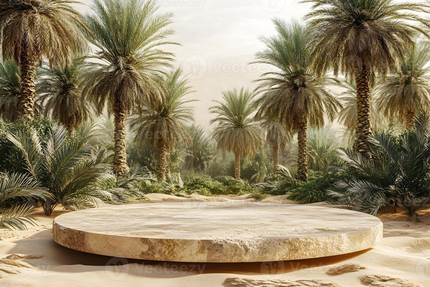 Captivating Stone Podium Amidst a Desert Oasis with Towering Palm Trees photo