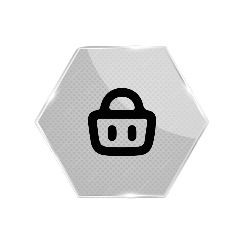 A flat and white icon of a lock on a hexagonal button flat png