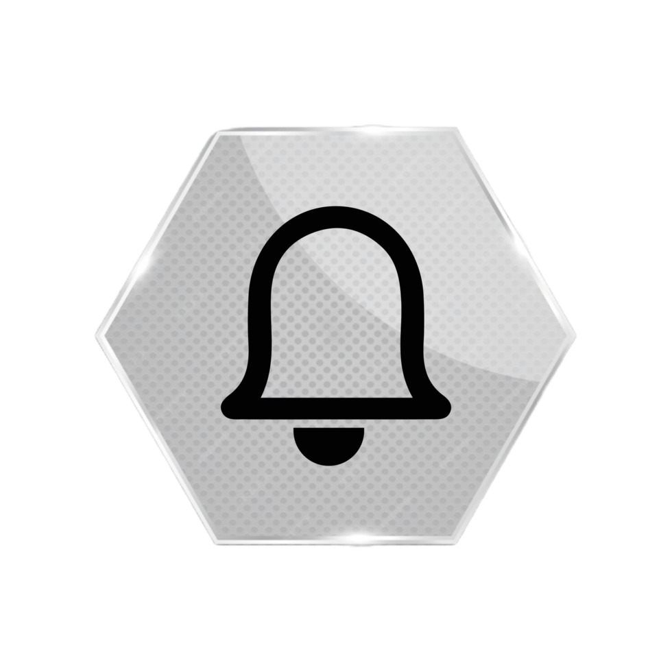 A flat and white icon of a bell on a hexagon flat png