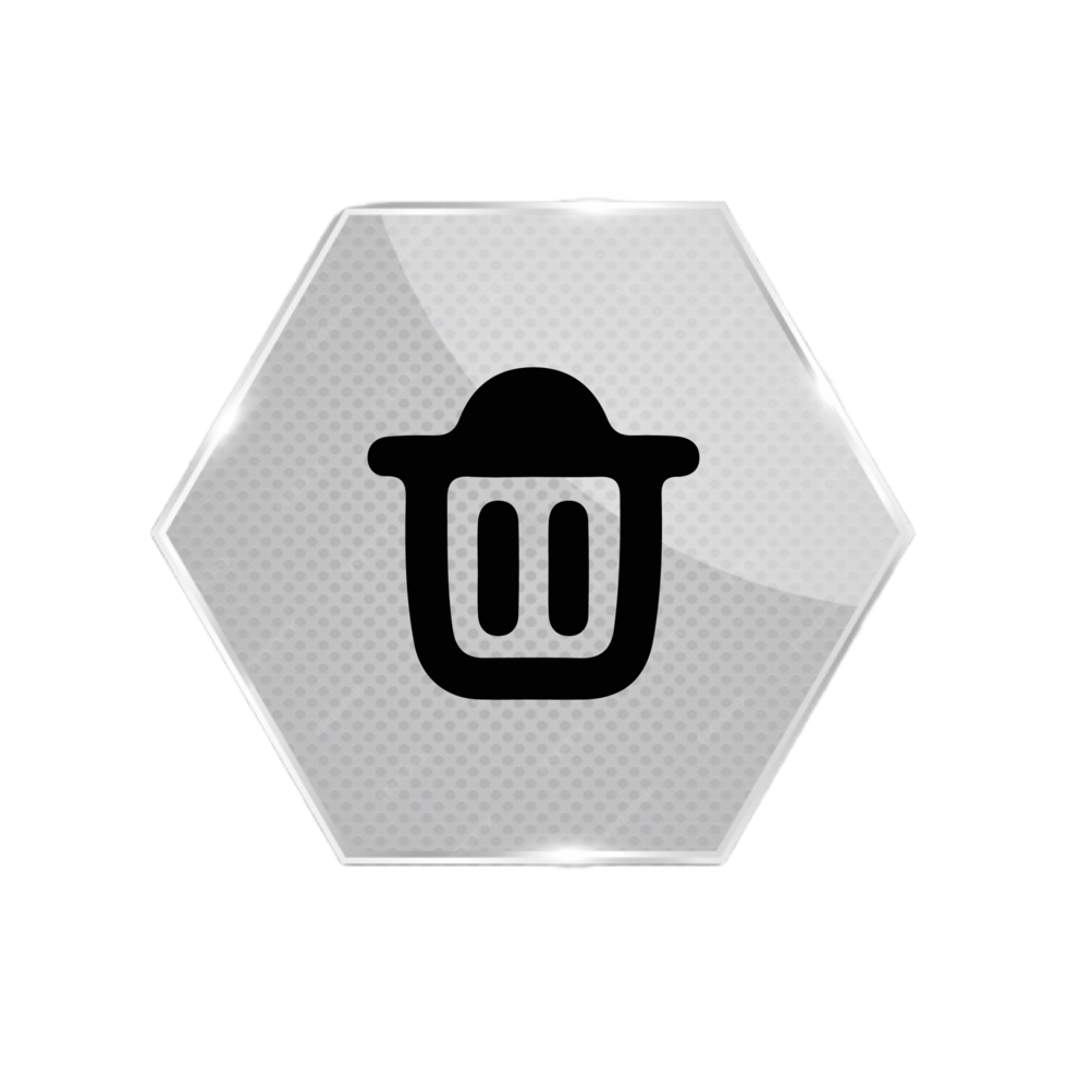 A black and white trash can icon on a hexagonal button png