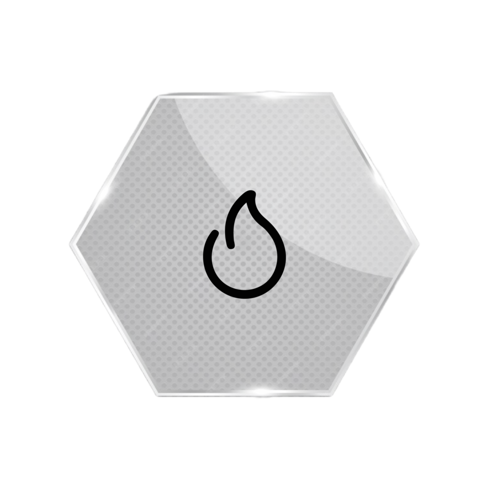 A flat and white hexagon button with a flame icon flat png