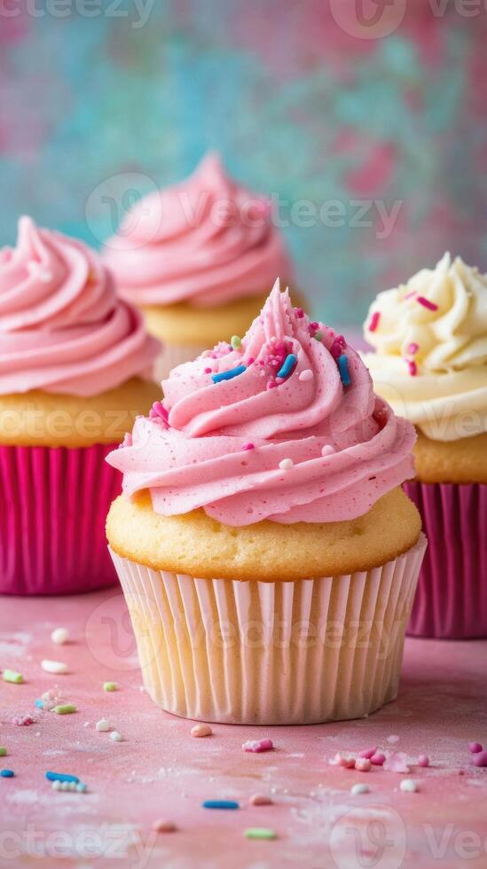 Three cupcakes with pink frosting on a pink background photo