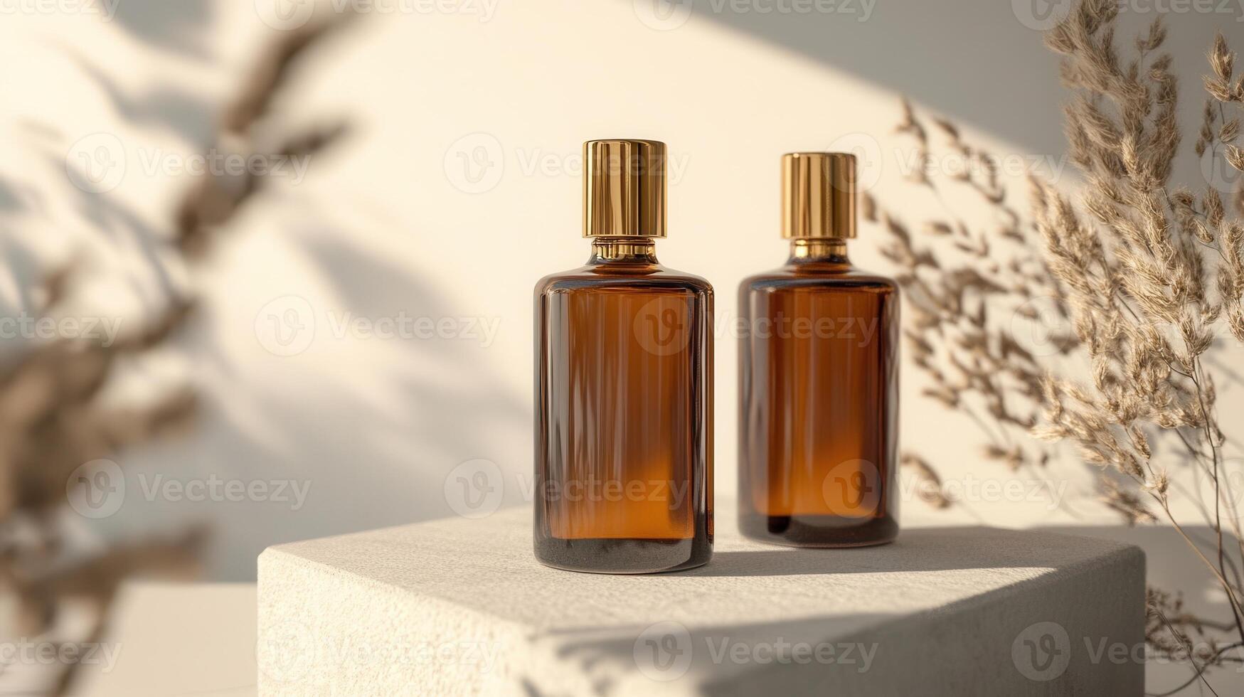 Two bottles of perfume sitting on a block photo