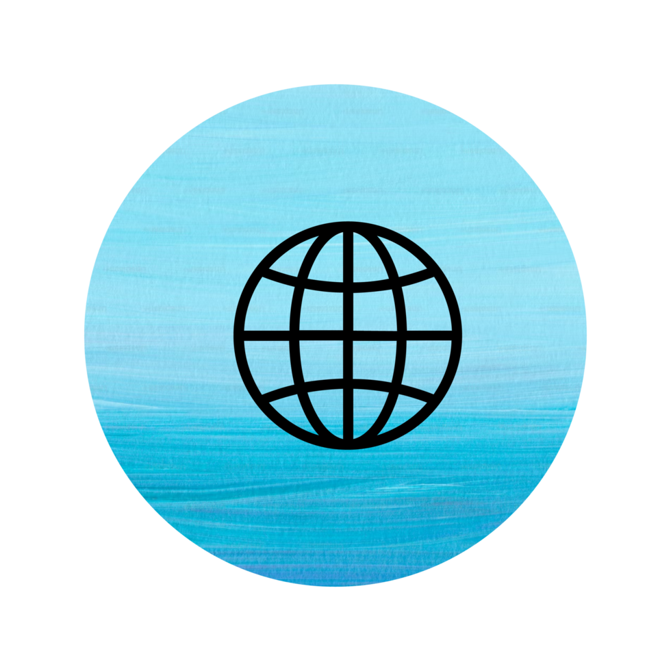 A blue circle with a black globe on it sign sign png