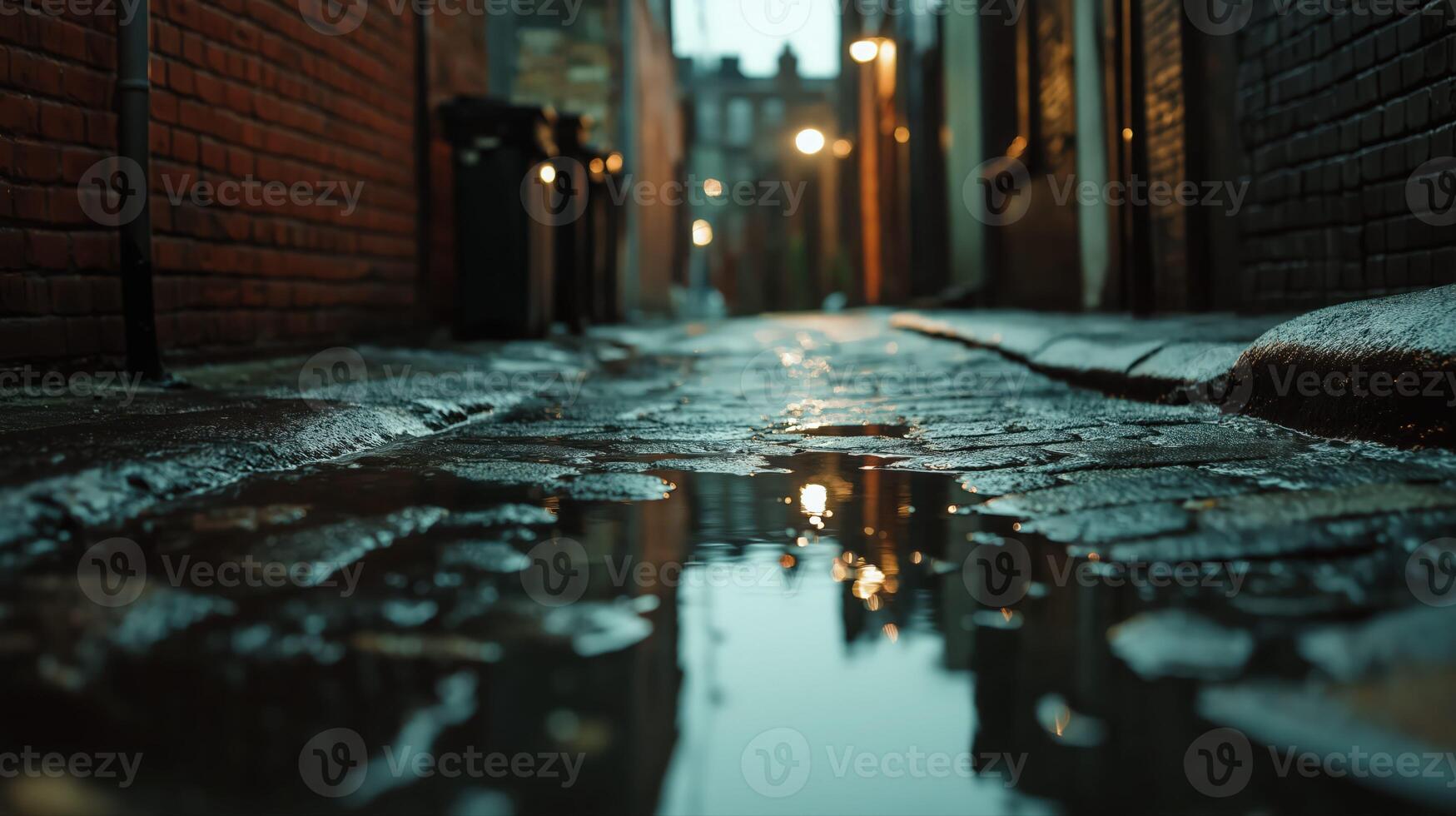 Dark Urban Alleyway Night Photography Wet Cobblestone Reflecting Lights photo