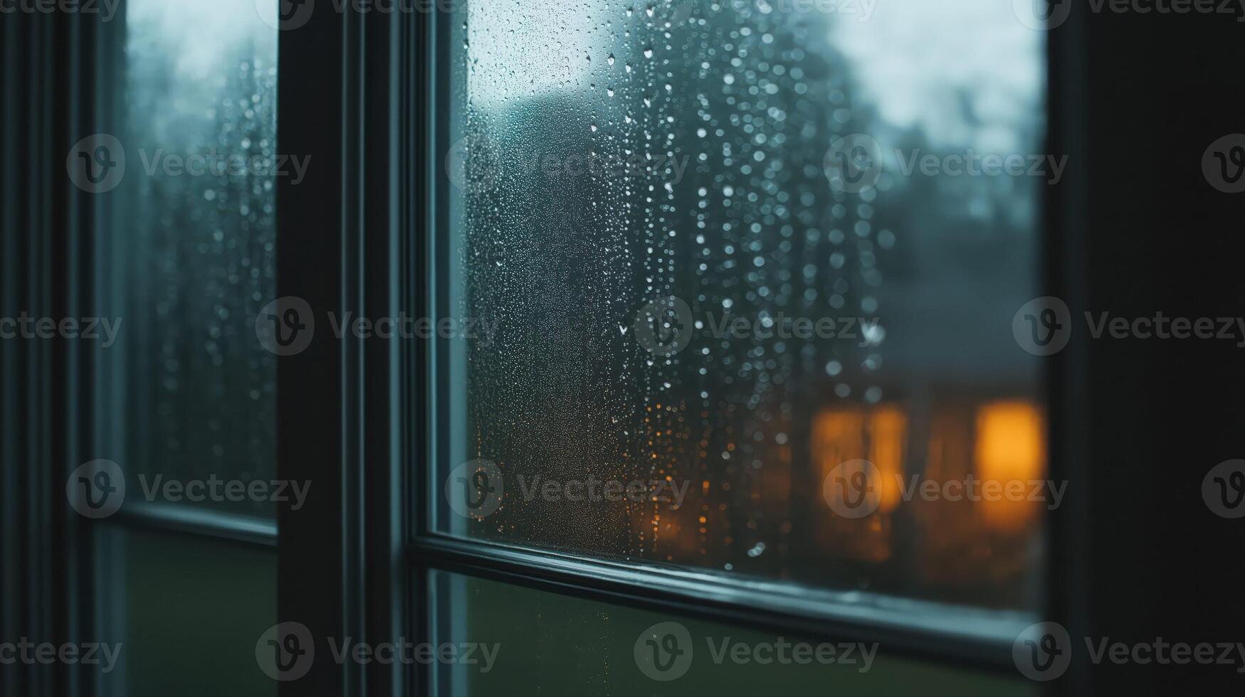 Rainy Day View Through Windowpane Blurred House and Raindrops photo