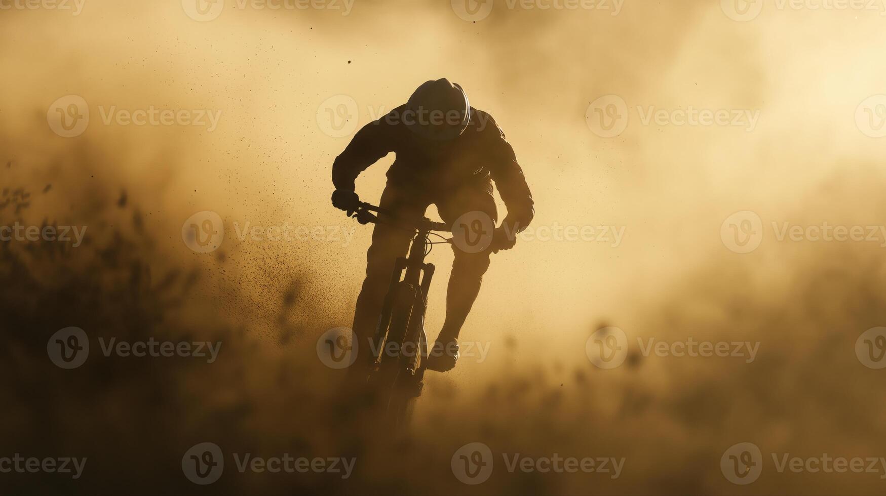 Silhouette Mountain Biker in Golden Dust Cloud photo