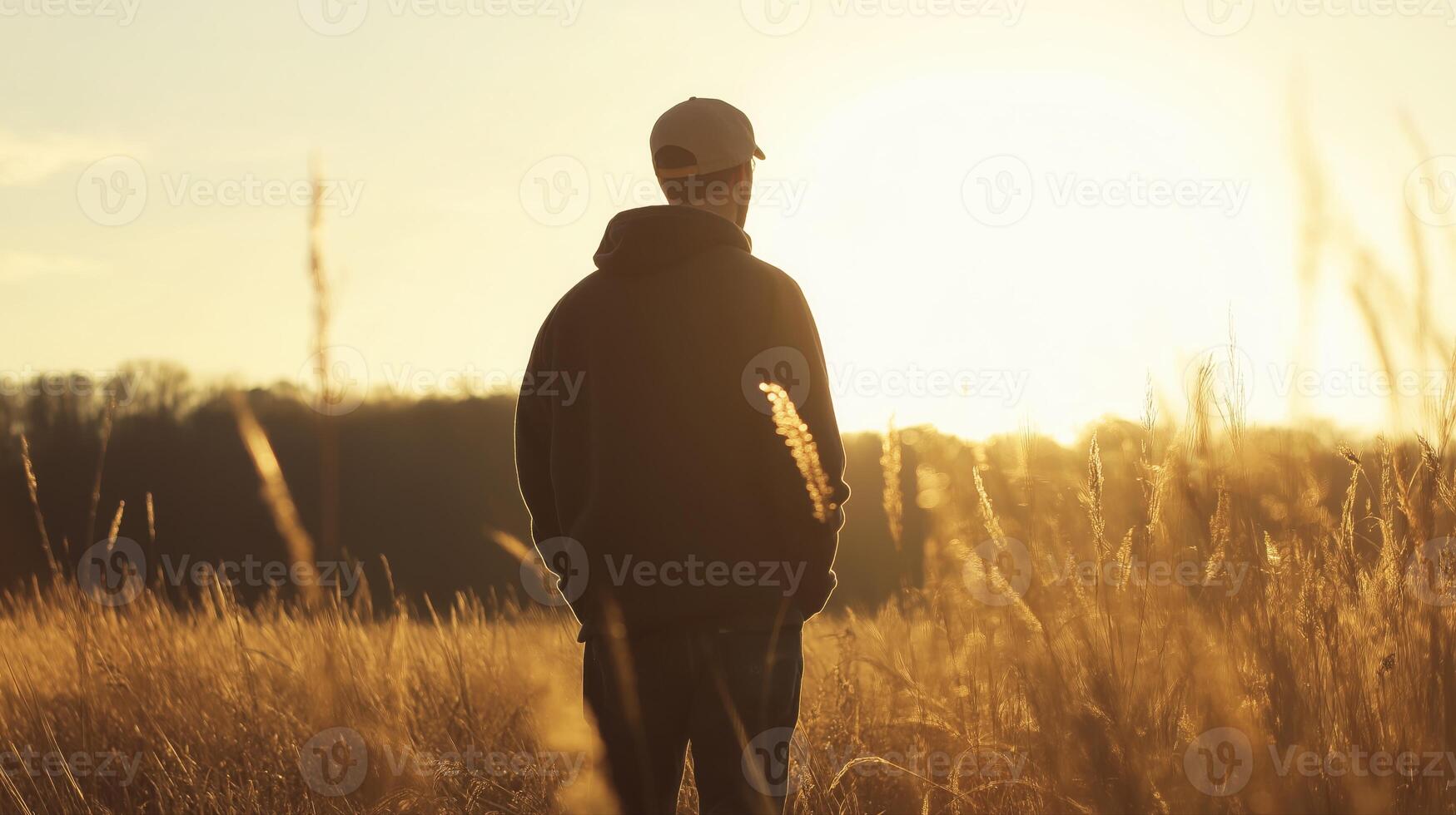 Silhouette of Man Walking in Golden Grass Field at Sunset photo
