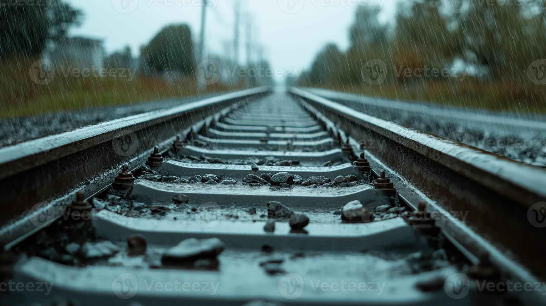 Rain Soaked Railroad Tracks Receding into a Blurry, Overcast Day photo
