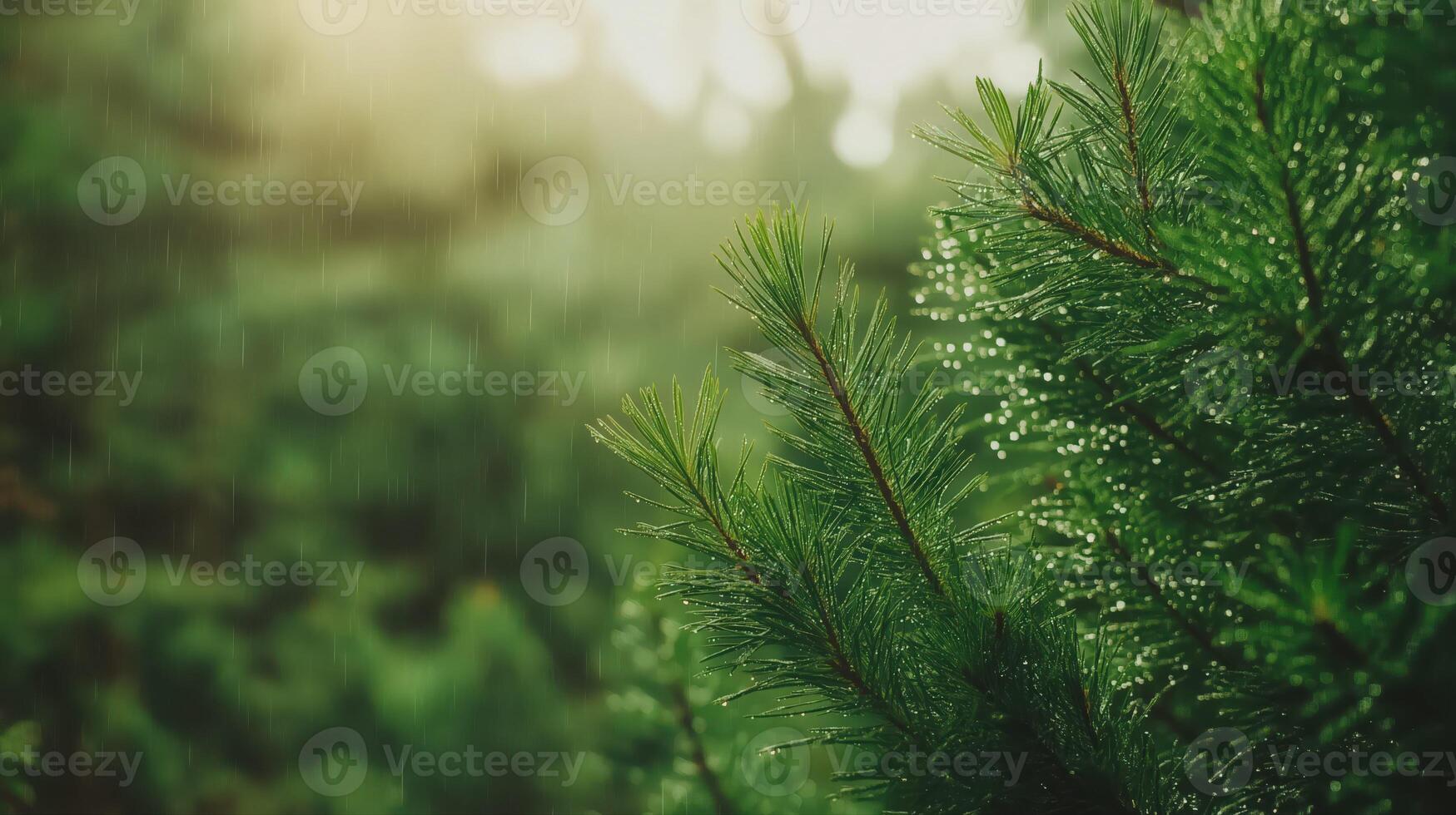 Lush Green Pine Needles Adorned with Sparkling Raindrops in Soft Natural Light photo