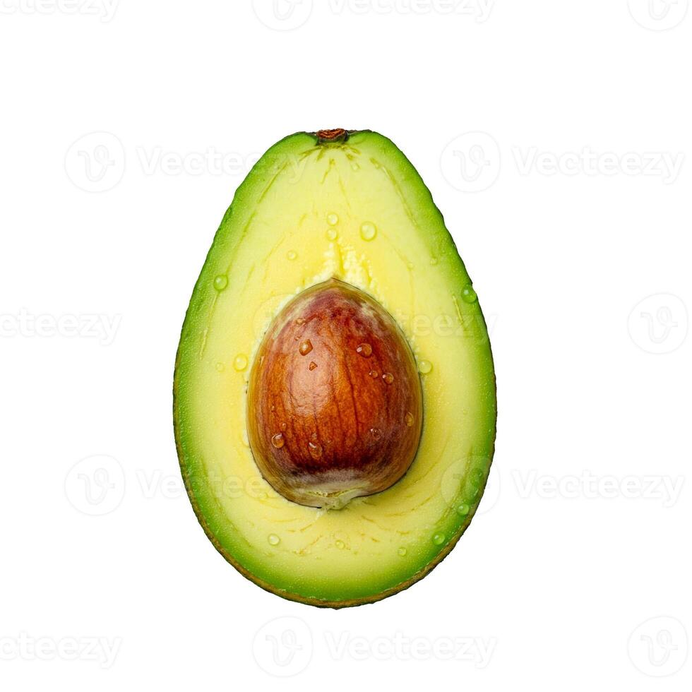Fresh and appetizing half of ripe avocado with dew drops on white background. Perfect for advertising healthy eating, organic food and wellness products. For balanced diet and natural lifestyle. photo