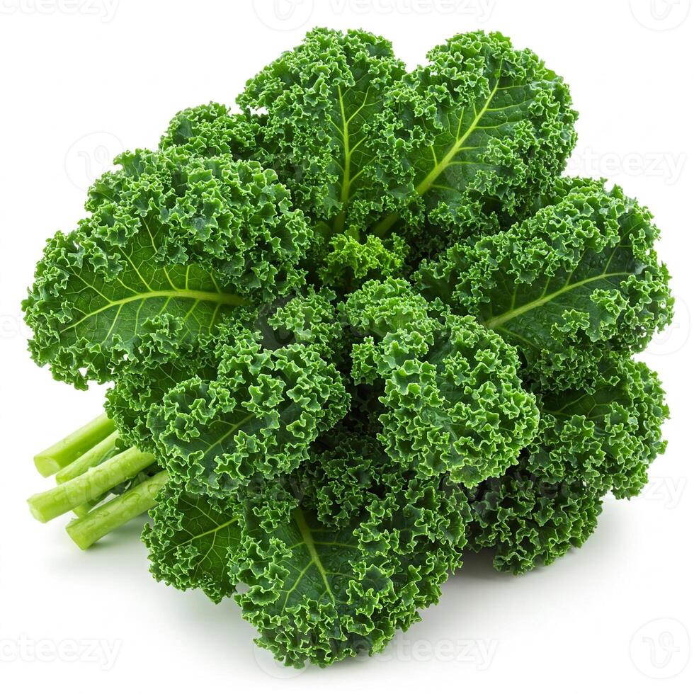 Fresh kale leaf on white background, Juicy sprout with dew drops. Ideal for culinary projects and healthy food advertising. For balanced diet and natural lifestyle. photo