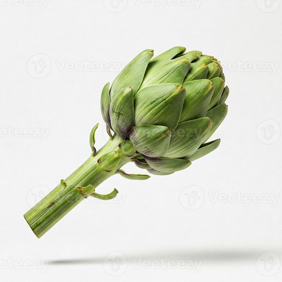 Green artichoke levitating on white background. Fresh and appetizing, ideal for culinary projects and healthy food advertising. For balanced diet and natural lifestyle. photo