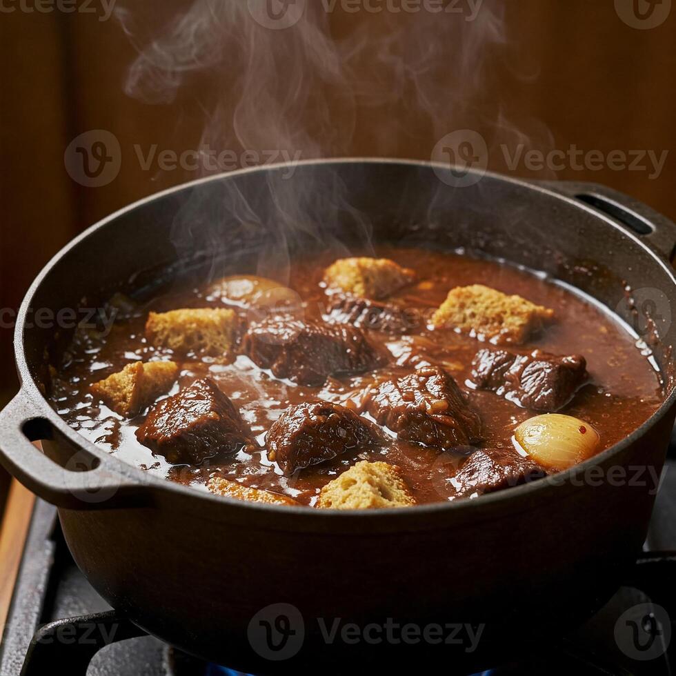 Belgian goulash with bread crumbs in a cast iron pot. Belgian goulash, also known as Carbonnade Flamande - traditional Belgian dish, of beef stewed in beer photo