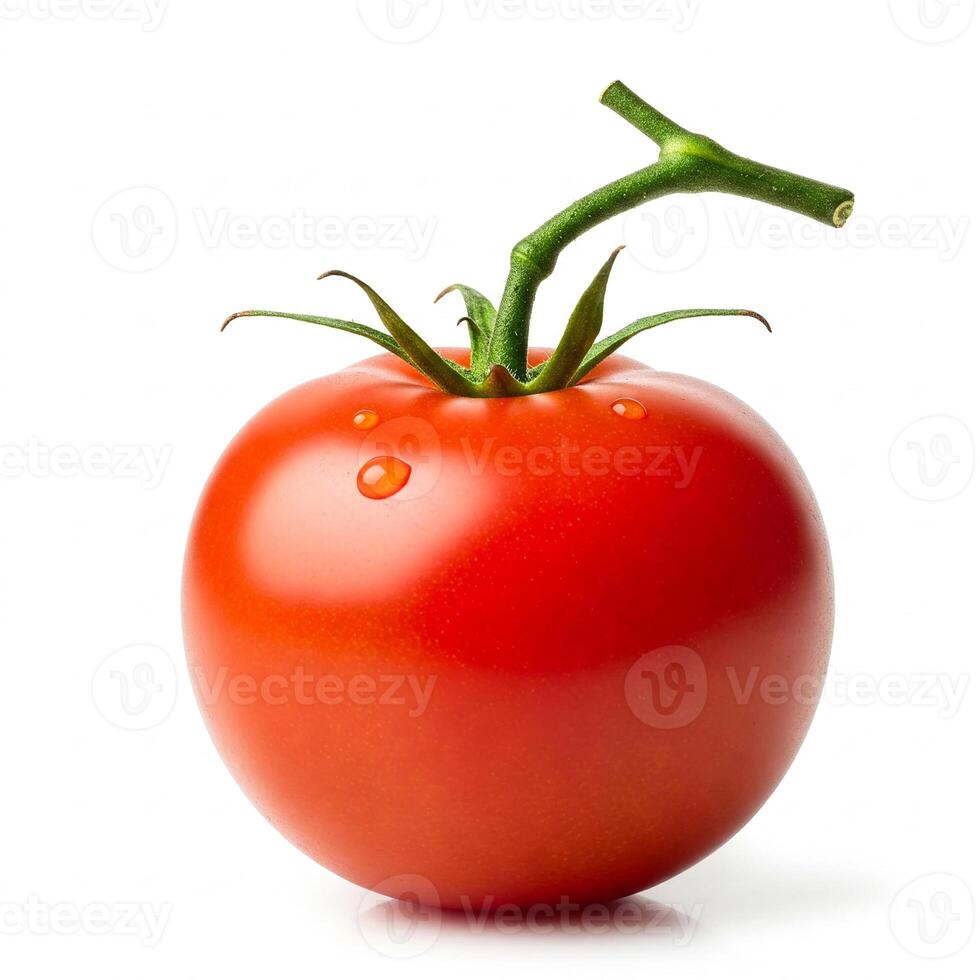 Juicy red tomato with dew drops on white background, isolated. Fresh and appetizing, ideal for culinary projects and healthy food advertising. photo