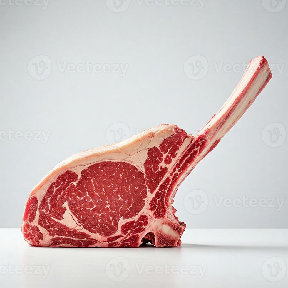 Raw tomahawk steak with marbled beef. Premium cut with long rib bone for grilling or gourmet cooking. Juicy meat with beautiful bone for advertising meat products and culinary projects. photo
