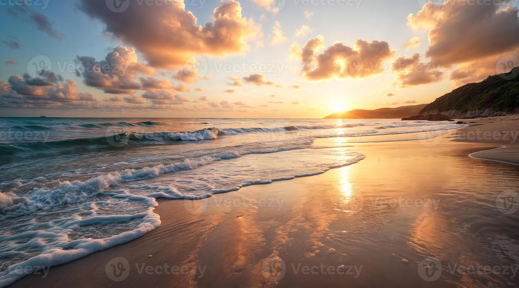 serene atmosphere of a coastal is showcased by glimmering ripples sandy shores and magical reflection of sun on tranquil surface of a beach photo