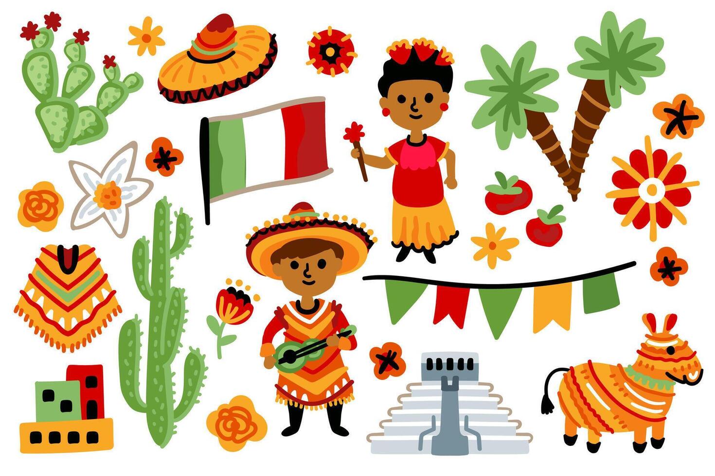 A set of Latin American elements. Symbols of Mexico. Nature, animals, characters, objects. For maps and children designs. Travel landmarks illustrations. Cartoon style. Childish artwork vector