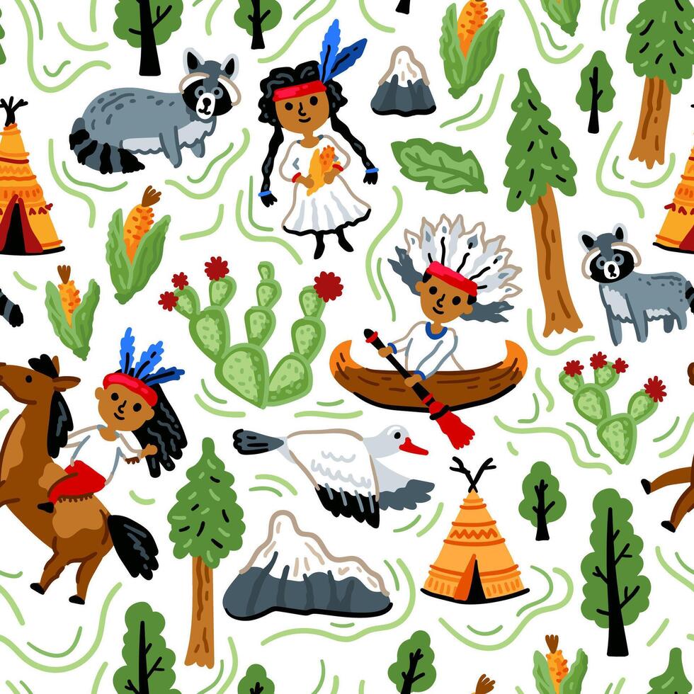 Cowboy native American western pattern. Bright children seamless with American western cowboy from wild west rural Landscape. Childish background. Wild West. Texas. Cheerful characters with animals vector