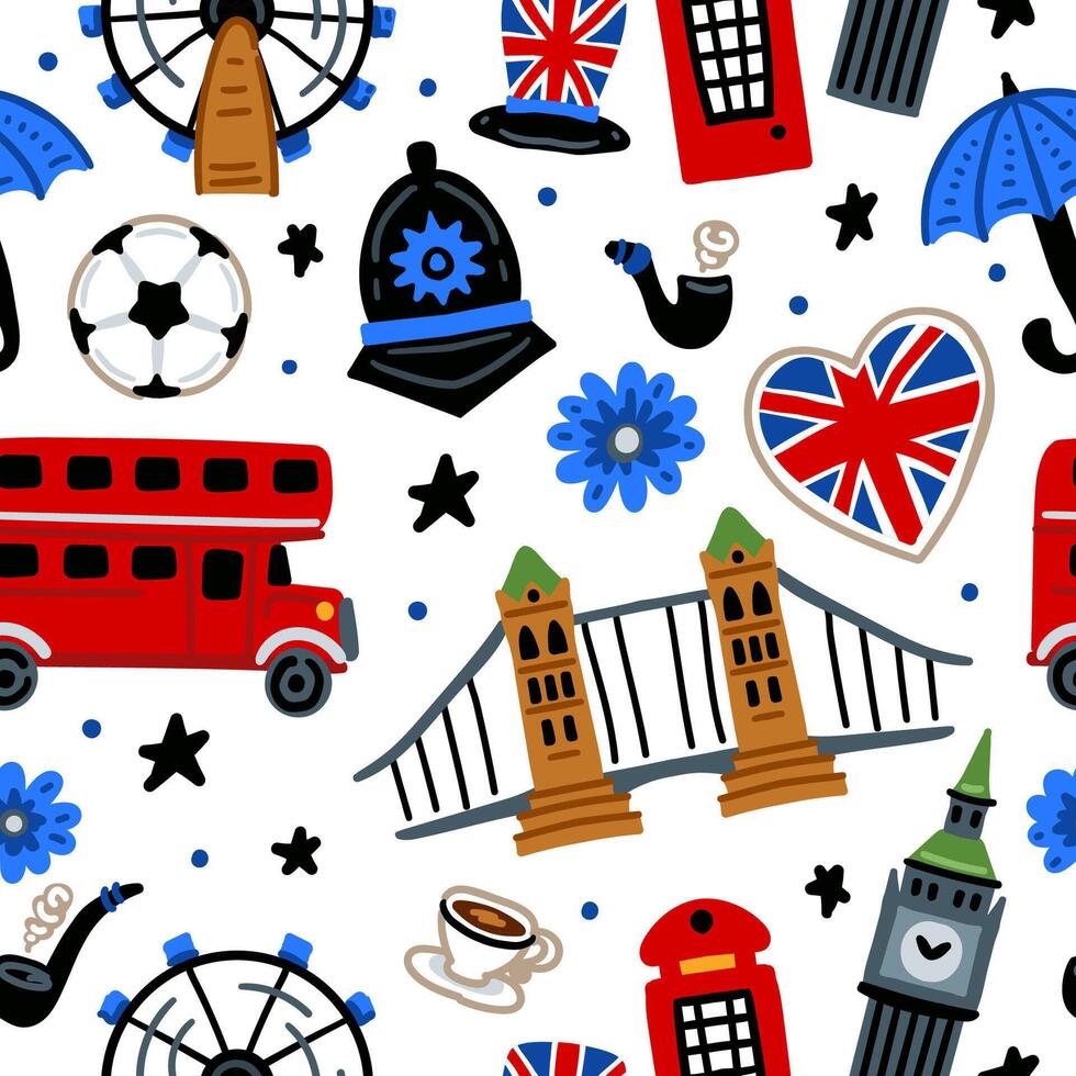 Bright children seamless pattern with symbols of Great Britain. Bridge, telephone, tea vector