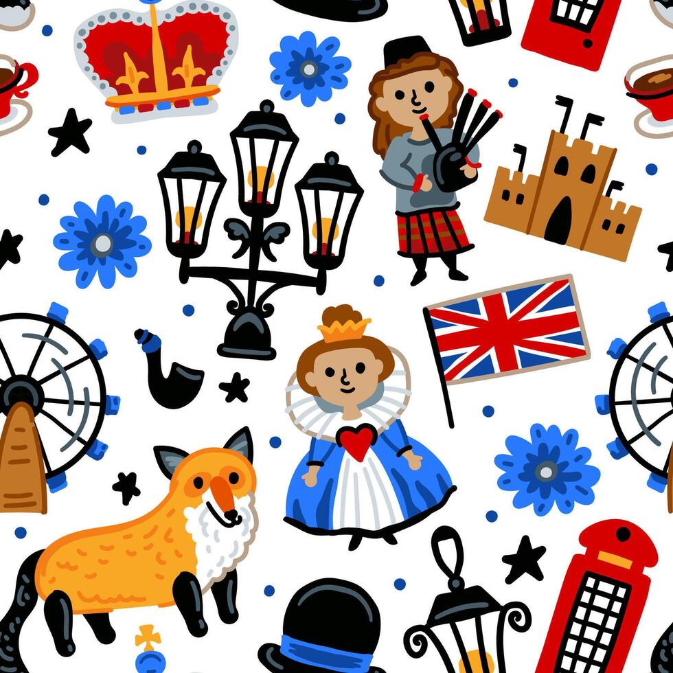 Bright children seamless pattern with symbols of Great Britain. King, Scotsman, Corgi vector