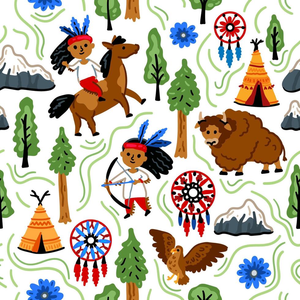 Bright cheerful children seamless pattern with American native indians. Childish background. Cheerful characters with animals and plants. Wigwam, eagle, horse, dreamcatcher vector