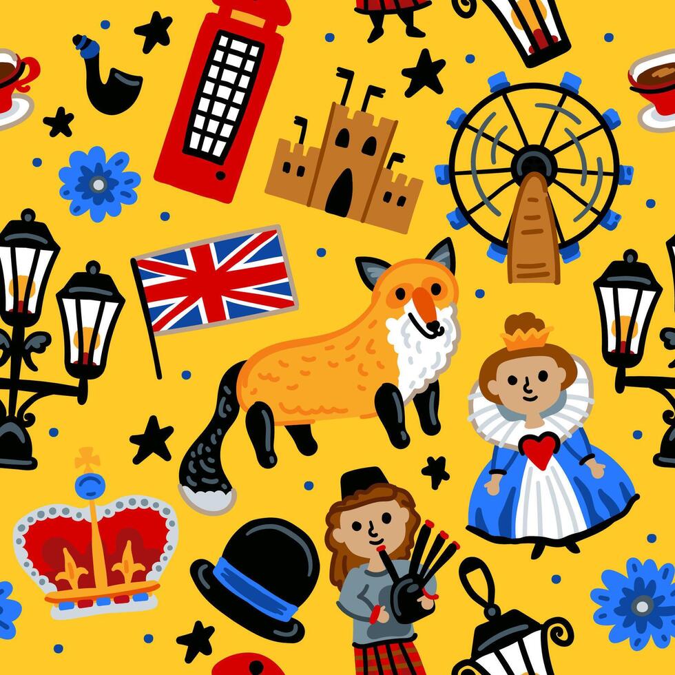 Bright children seamless pattern with symbols of Great Britain. Corgi, queen, crown, phone vector