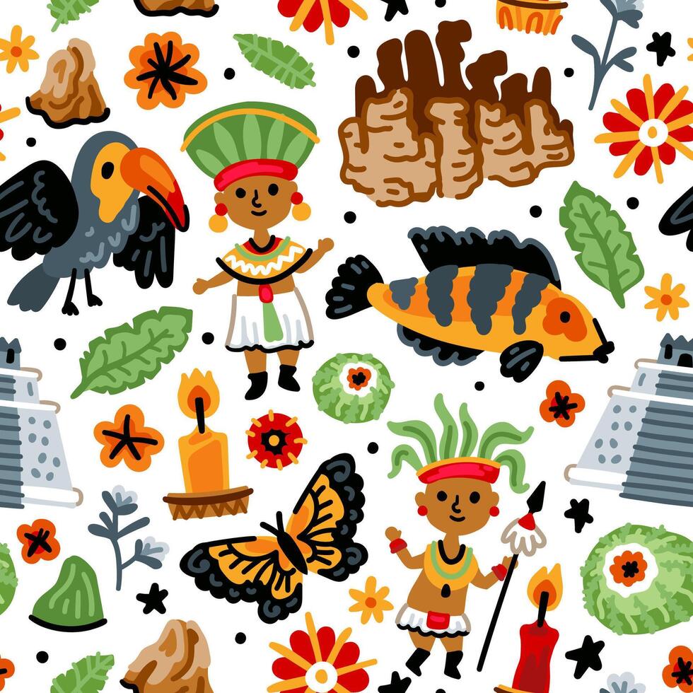 Bright children seamless pattern with symbols of Mexico. Mexican, toucan, national costumes, flowers. Latin America. Childish travel background vector