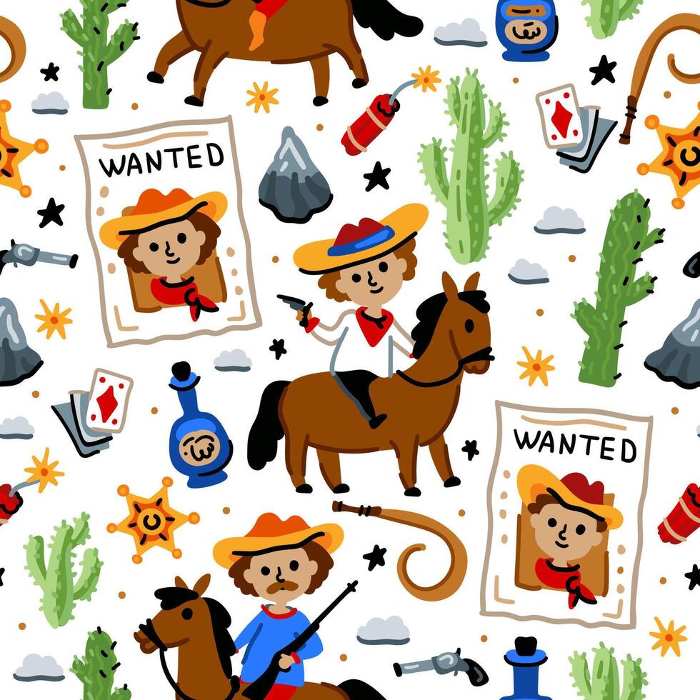Cowboy native American western pattern. Bright children seamless with American western cowboy from wild west rural Landscape. Childish background. Cheerful characters with animals and plants. vector