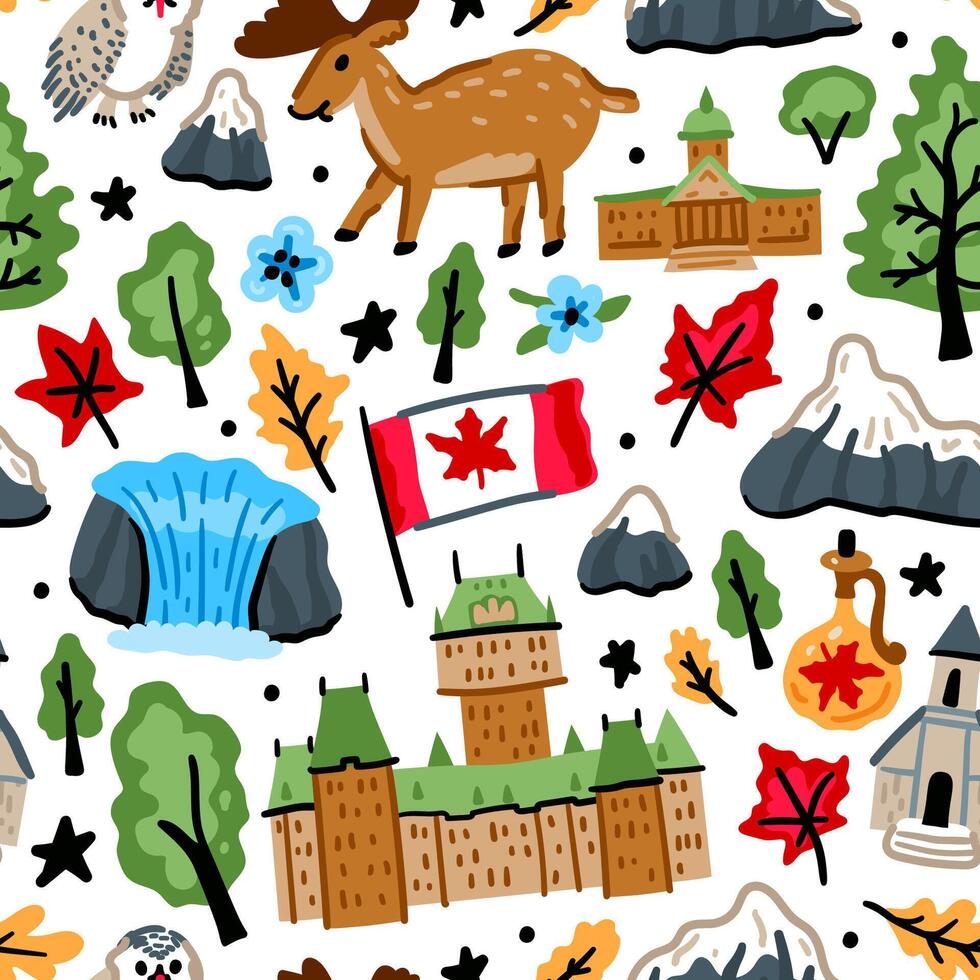 Bright cheerful children seamless pattern with symbols of Canada. American Indian, maple leaf, grizzly, Niagara waterfall. Alaska landmarks. Forest background. North America vector