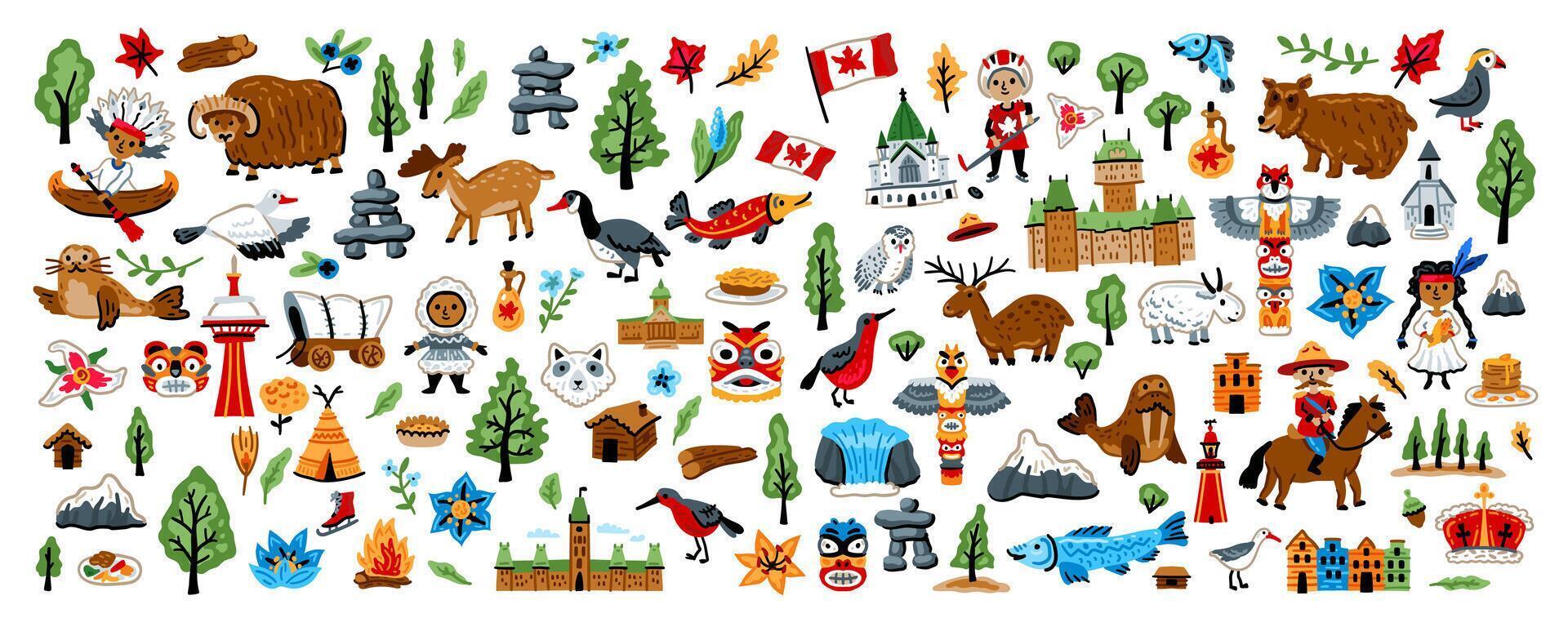 A huge set of North American elements. Symbols of Canada. Nature, animals, characters, objects. For maps and children's designs. Travel landmarks illustrations. Cartoon style. vector