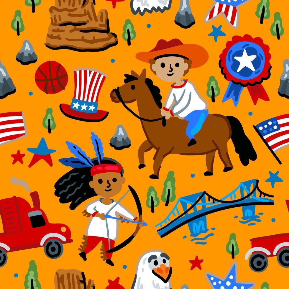 Cowboy native American western pattern. Bright children seamless with American western cowboy from wild west rural Landscape. Child background. Wild West. Texas. Cheerful characters vector