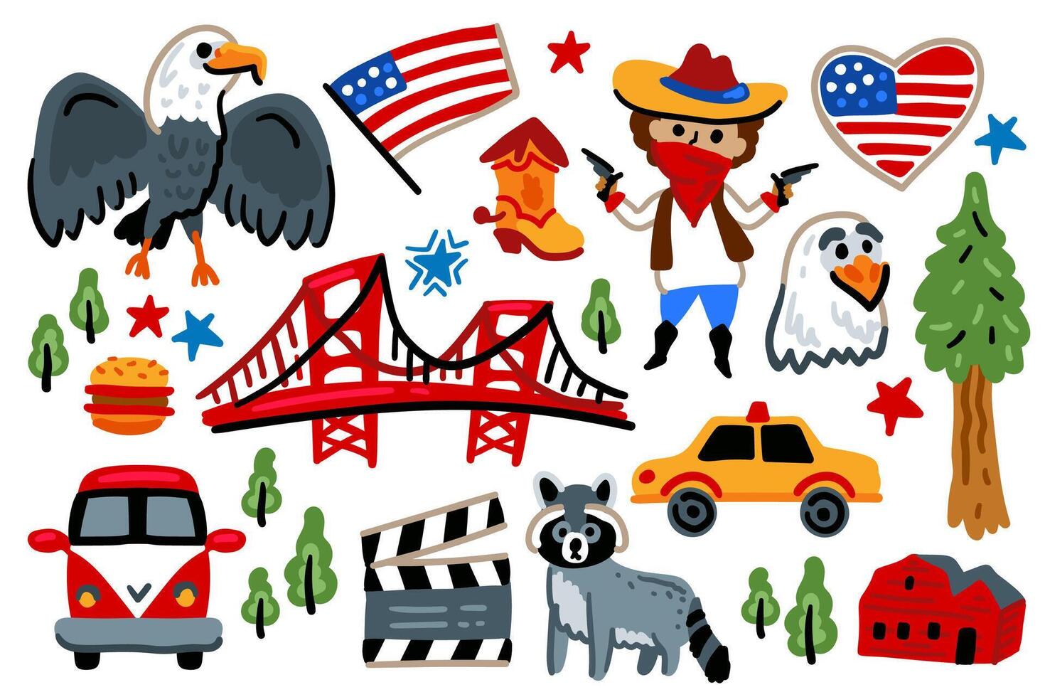Symbols of USA. Statue of Liberty, cowboy, flag, eagle. For maps and children designs. Travel landmarks illustrations. Cartoon style. Childish. July 4th. Set of Independence Day American elements. vector