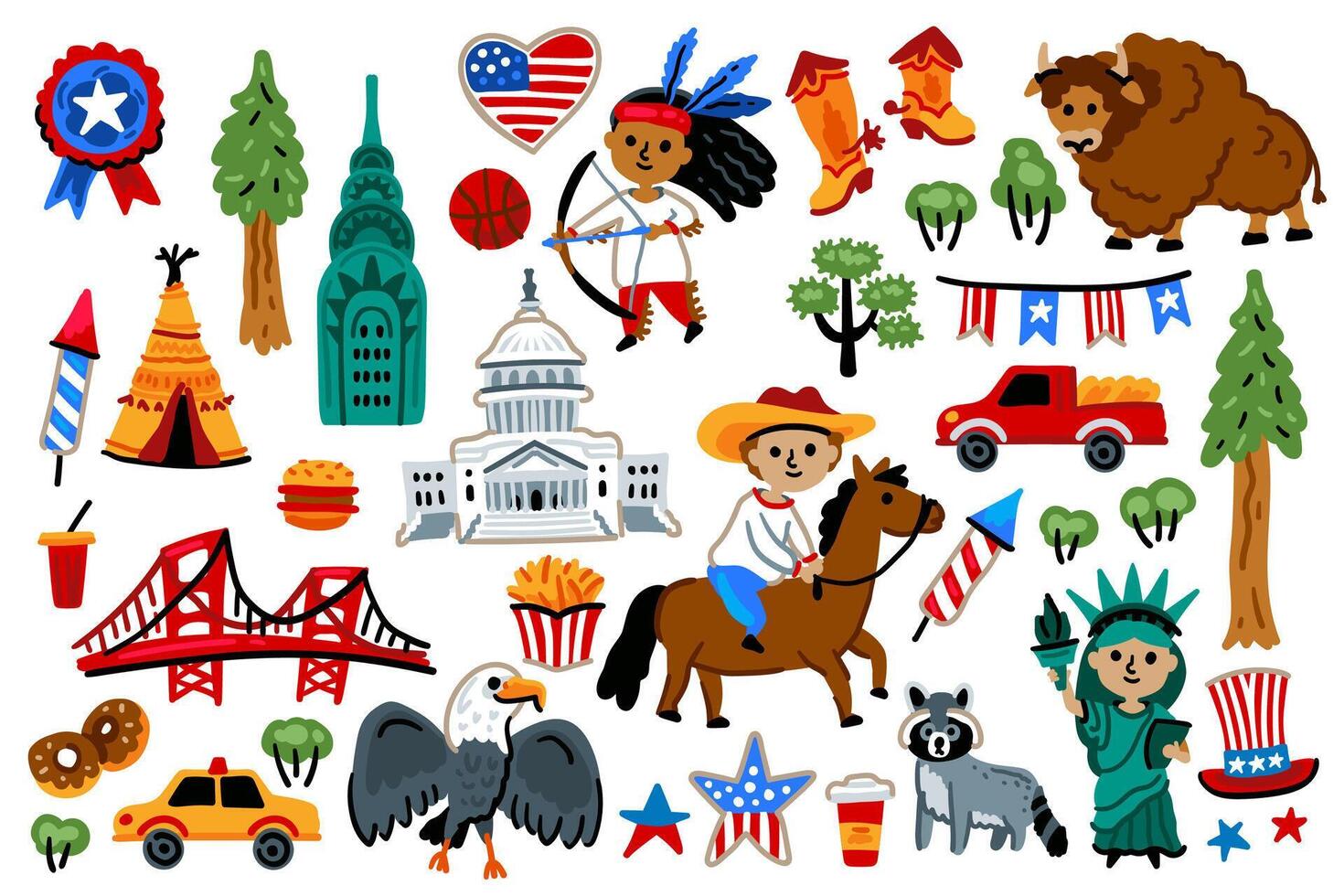 Set of Independence Day American elements. Symbols of USA. Statue of Liberty, Capitol, flag, eagle. For maps and children designs. Travel landmarks illustrations. Cartoon style. vector