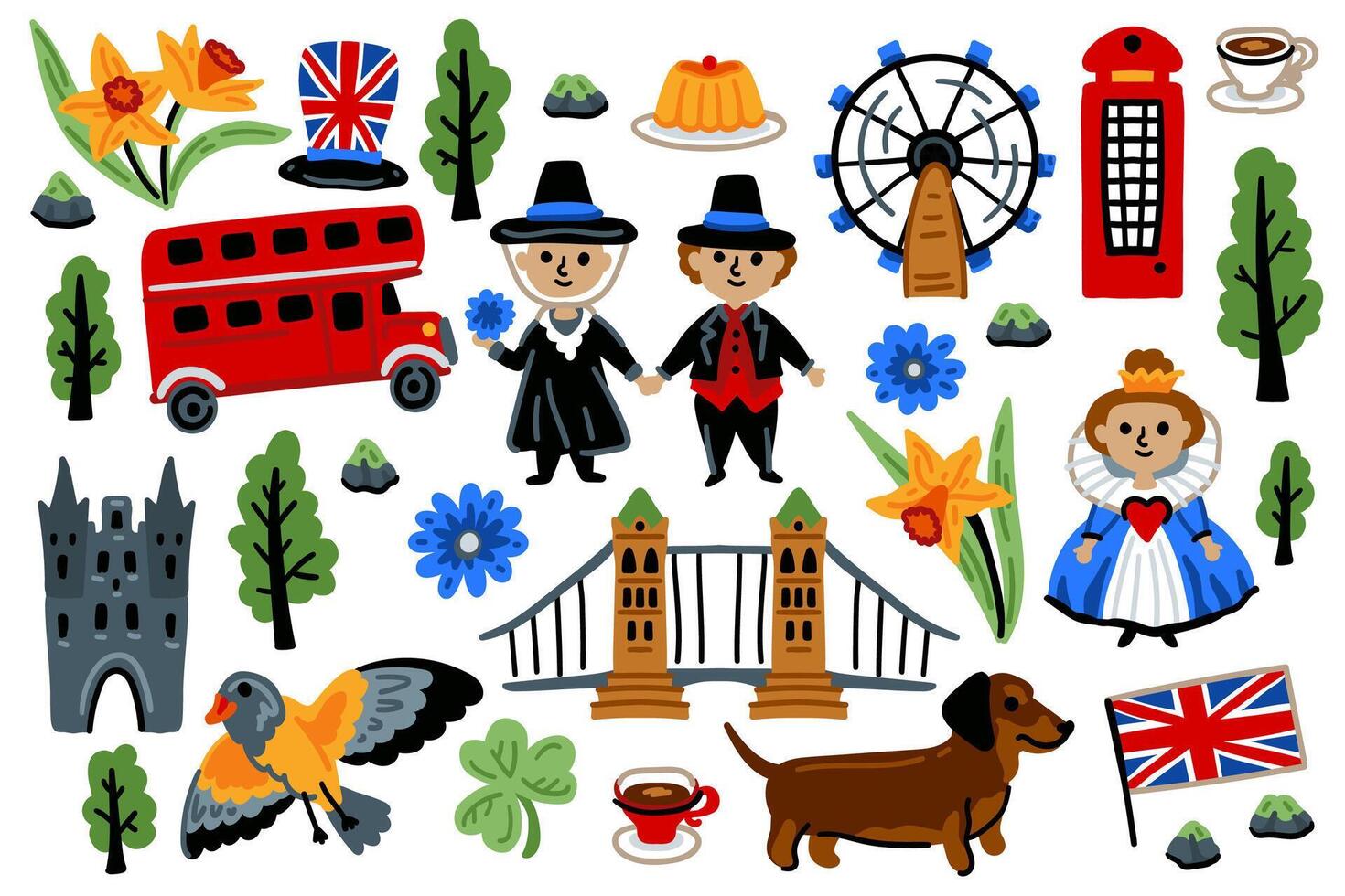 London set, United Kingdom Cartoon Icons Design Travel Concept. Red bus, castle, umbrella. Travel landmarks illustrations. vector