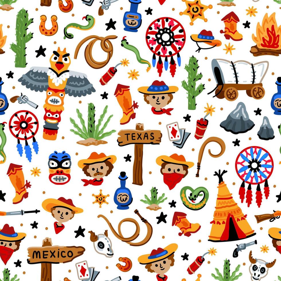 Cowboy native American western pattern. Bright children seamless with American western cowboy from wild west rural Landscape. Childish background. Wild West. Texas. Cheerful characters with plants. vector