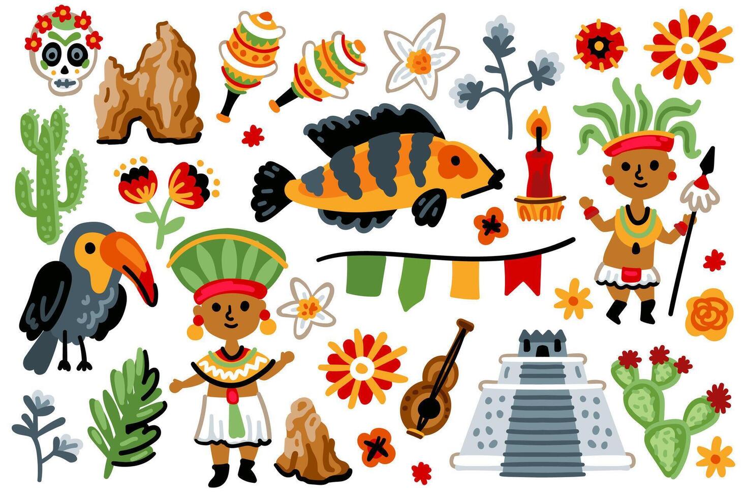 Set of Maya characters, Aztec childish. Pyramid. Cacti, toucan, palm, flowers vector