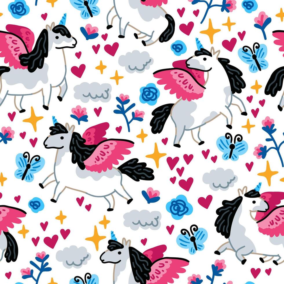 Bright children seamless pattern of fairy tale characters. Childish background of little unicorns cartoon with funny flowers and stars vector