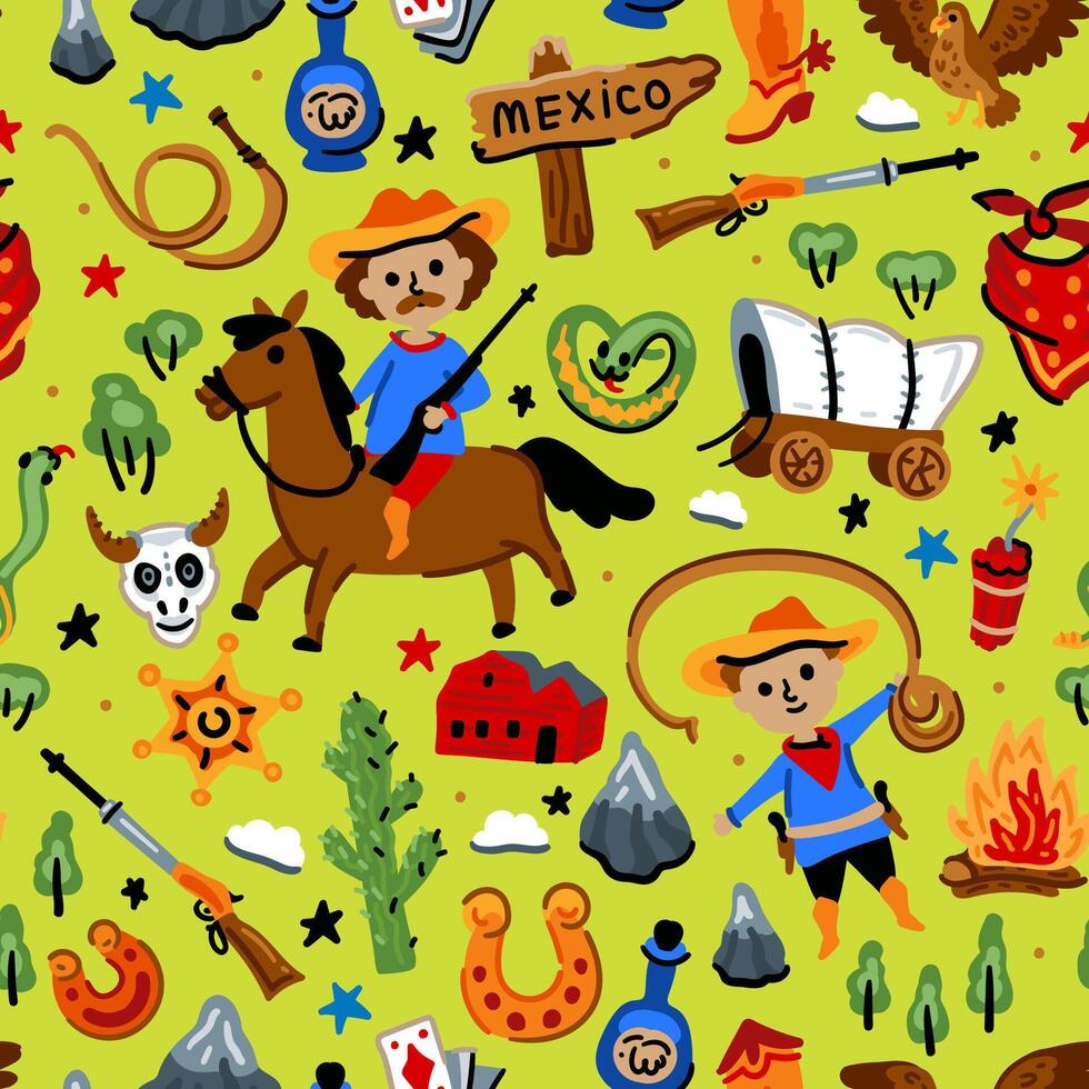 Cowboy native American western pattern. Bright children seamless with American western cowboy from wild west rural Landscape. Childish background. Wild West. Texas. vector