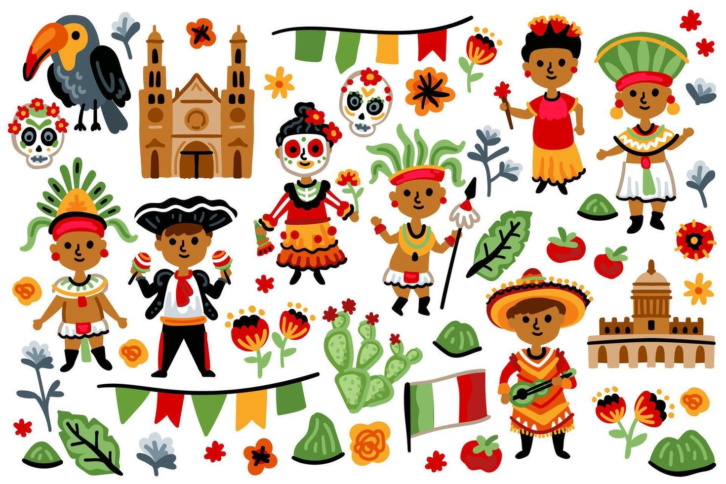 Set of Maya characters, Aztec childish Collection. For children room designs. Pyramid. Cacti, toucan, palm, flowers on white background vector