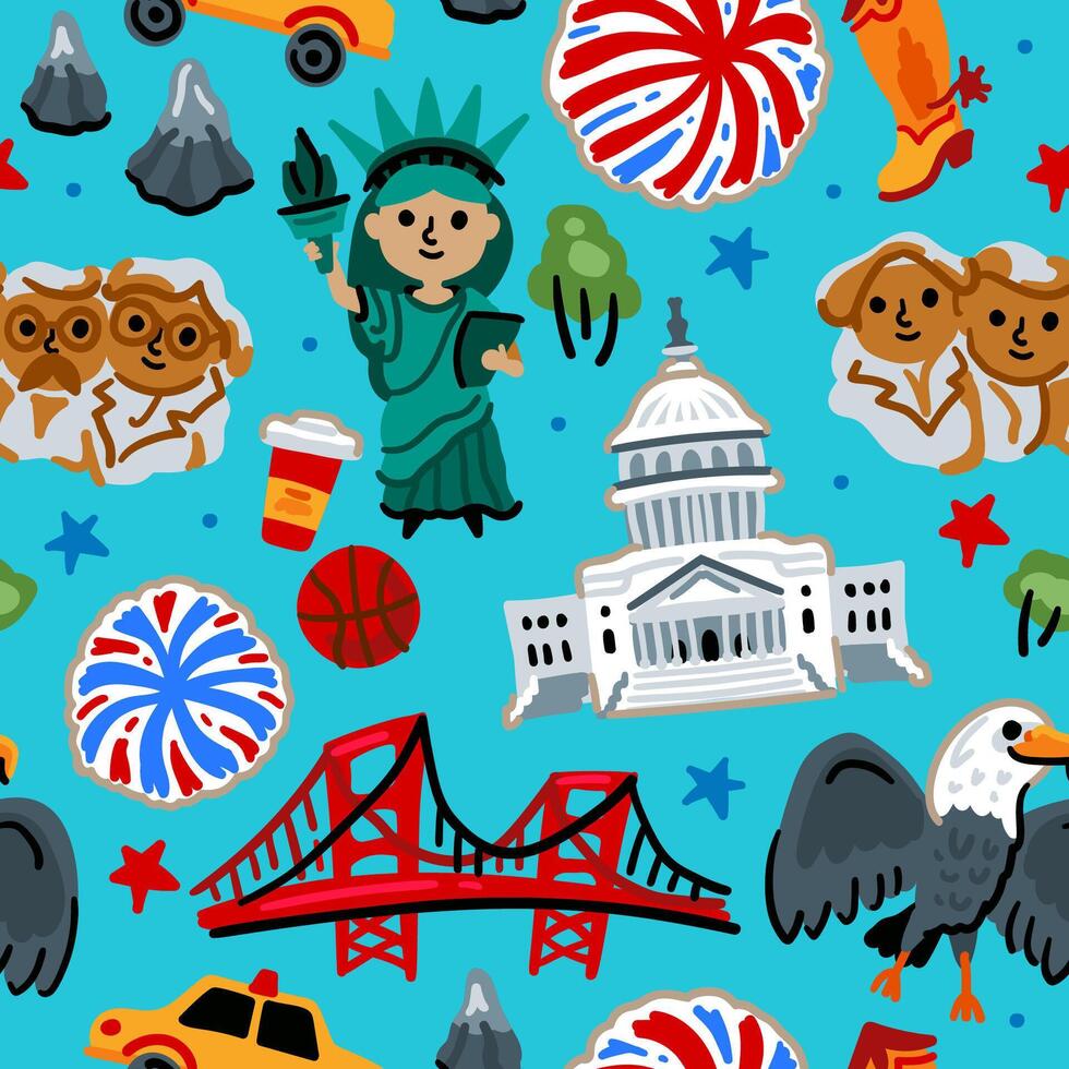 Bright seamless pattern with symbols of the United States of America. July 4. Independence Day. Statue of Liberty, eagle, Capitol. USA landmarks. Childish background vector