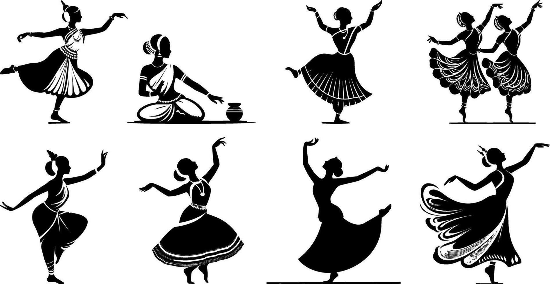 Traditional Indian Dance Silhouette Set Classical Cultural Art vector