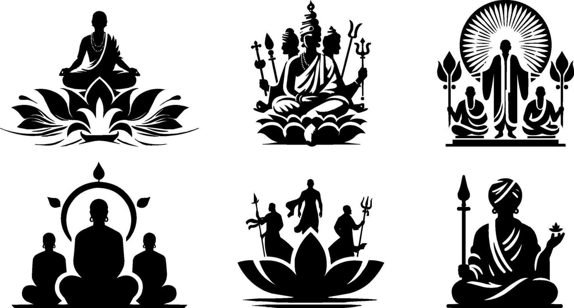 Hindu Buddhist Spiritual Silhouette Set Meditation Divine Enlightenment vector