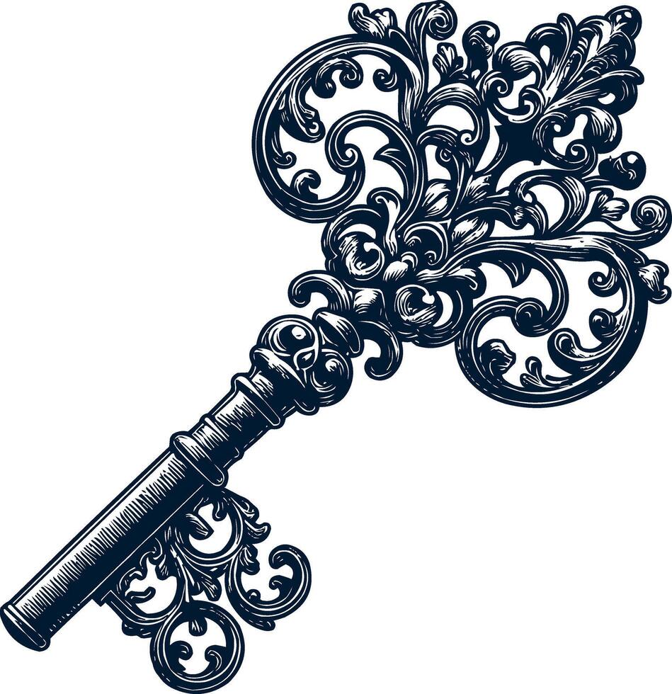 an ornate antique key with a floral design vector