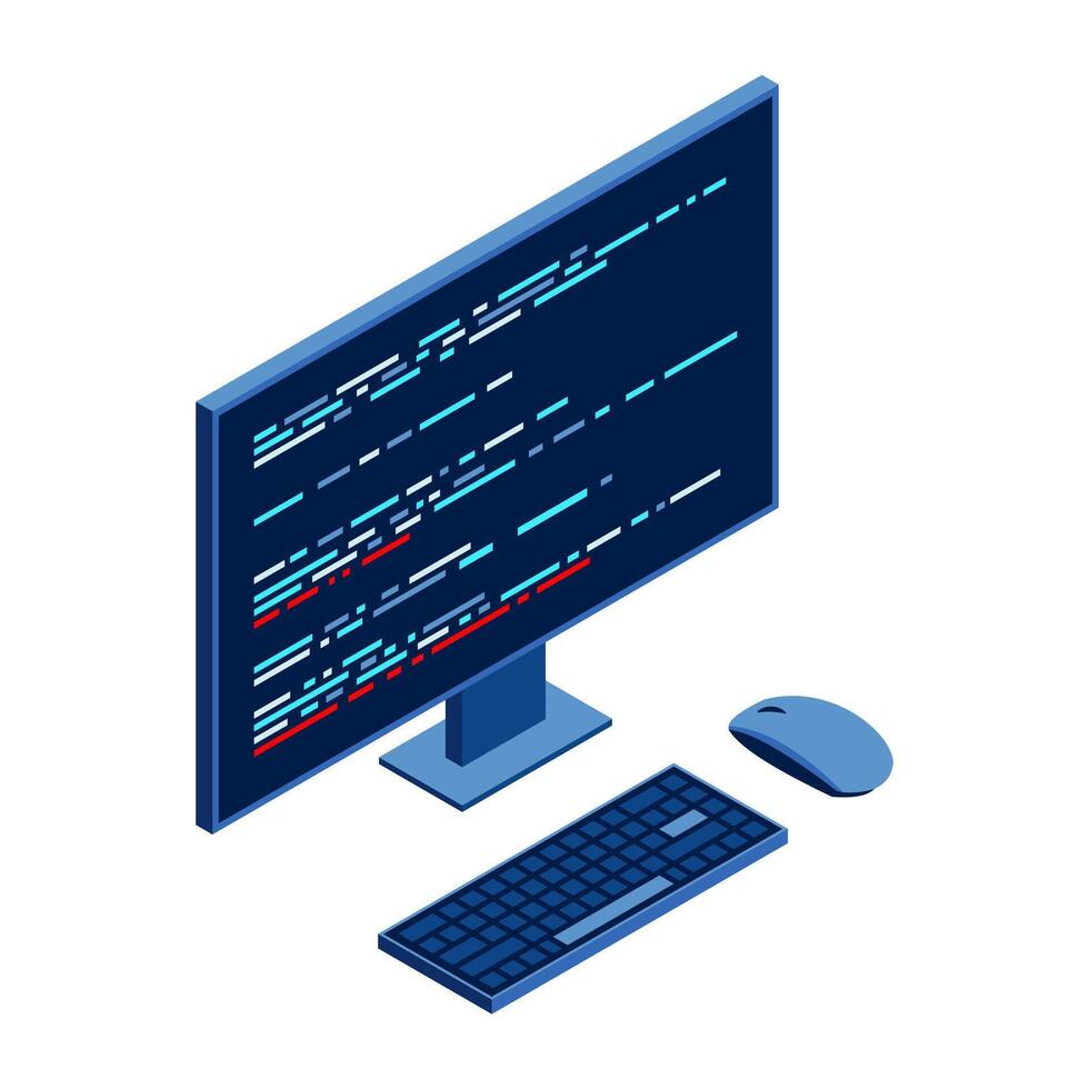 Isometric monitor with program code on screen. Computer programming with keyboard and mouse. Programming concept. Web development. Isometric technology. vector