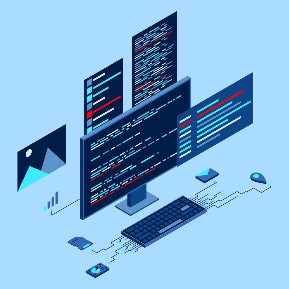 Computer technology isometric illustration. Desktop computer platforms. Software programming coding concept. Code with computer monitor. Isometric technology. vector