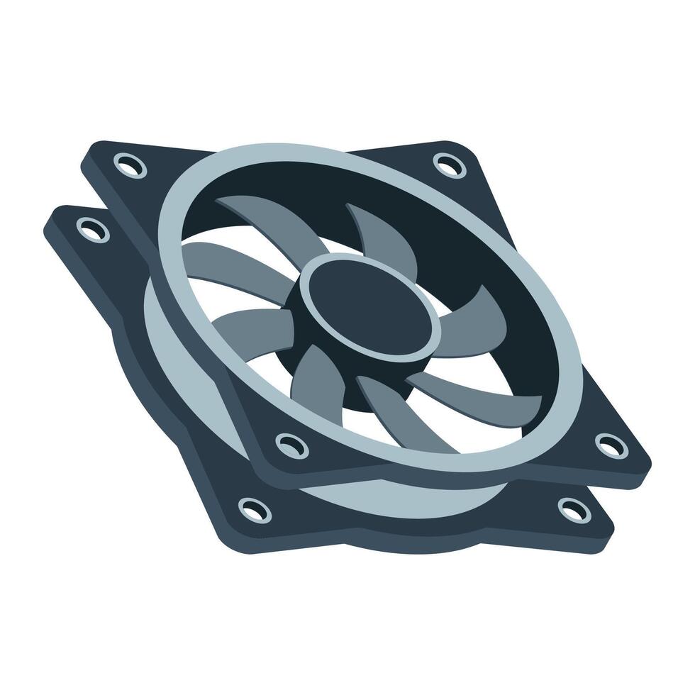 Isometric computer fan. Computer fan cooler. Isometric of PC case fan. Computer hardware components, illustration. vector