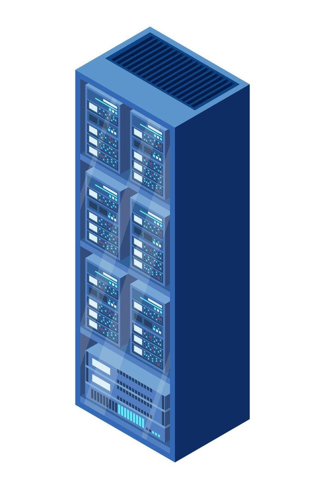 Isometric server. Network server room. 3D computer equipment. Storage database. Isometric technology. vector