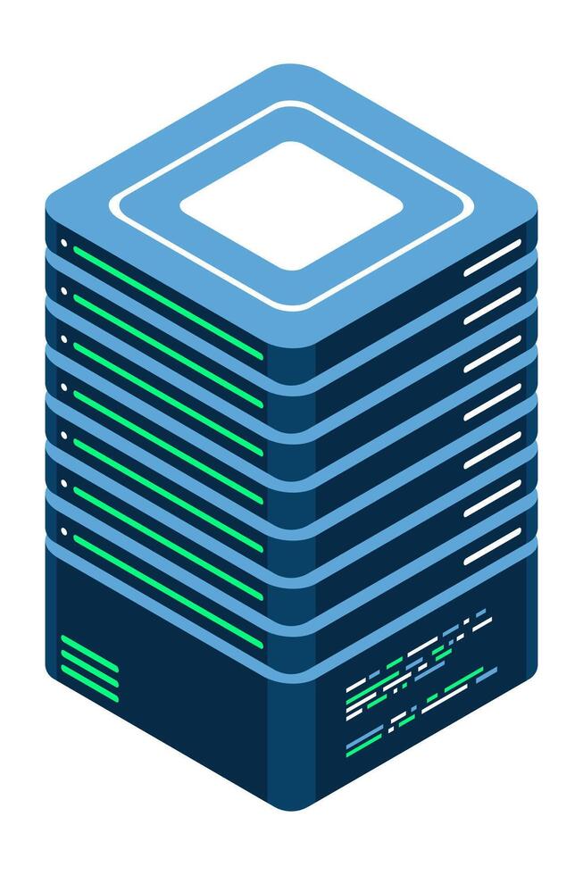 Isometric server. Network server. 3D computer equipment. Storage database. Isometric technology. illustration vector